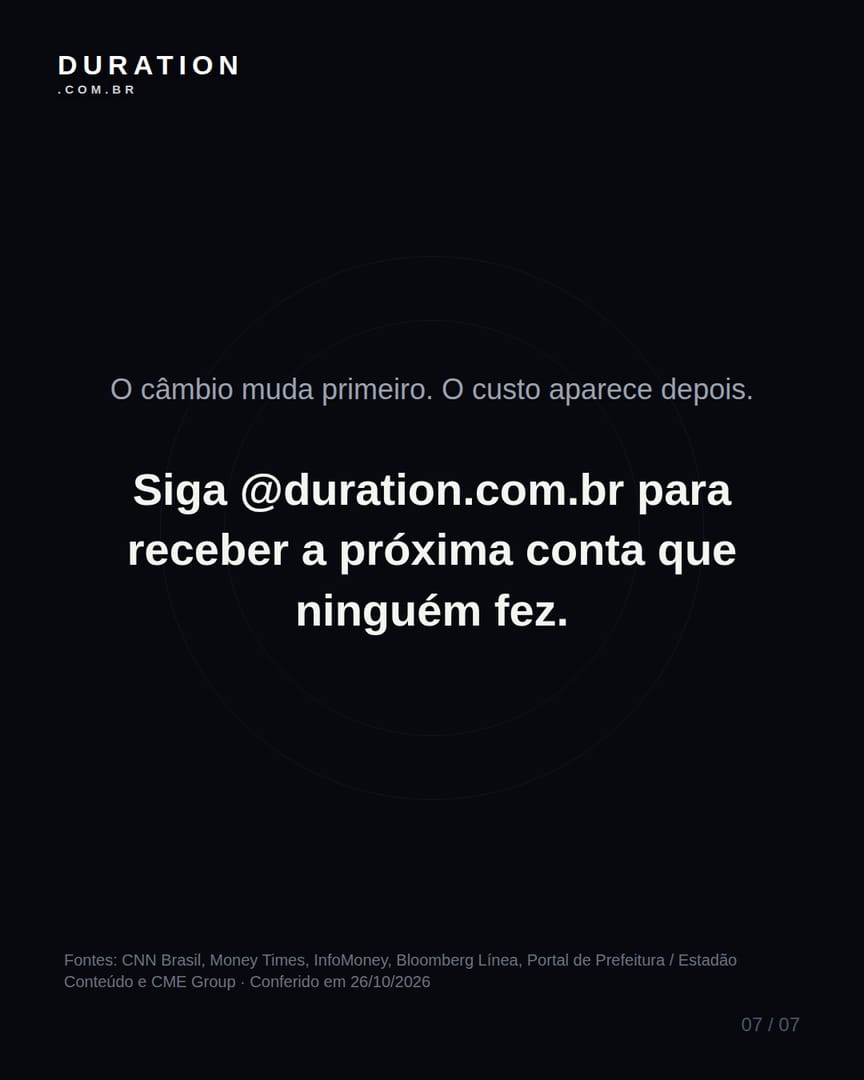 Slide 7 de 7: O câmbio muda primeiro. O custo aparece depois.