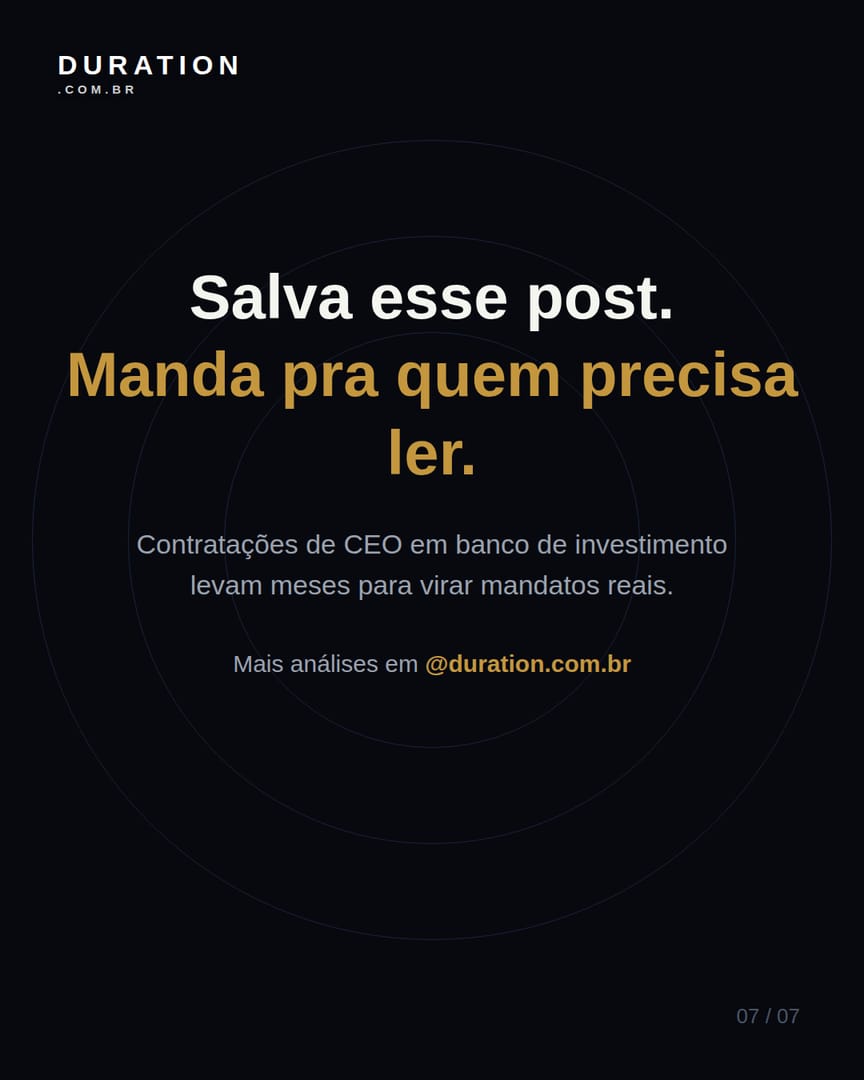 Slide 7 de 7: Contratações de CEO em banco de investimento levam meses para virar mandatos reais.