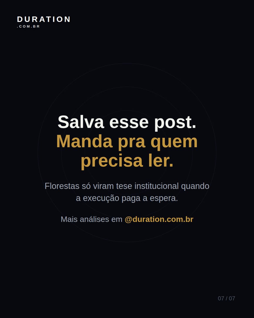 Slide 7 de 7: Florestas só viram tese institucional quando a execução paga a espera.