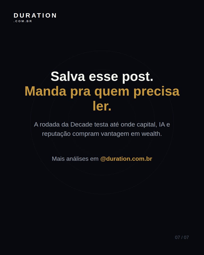Slide 7 de 7: A rodada da Decade testa até onde capital, IA e reputação compram vantagem em wealth.