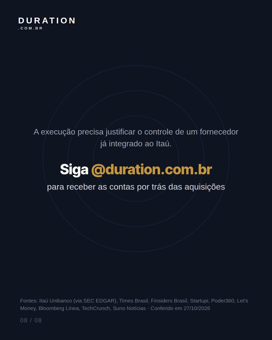 Slide 8 de 8: A execução precisa justificar o controle de um fornecedor já integrado ao Itaú.