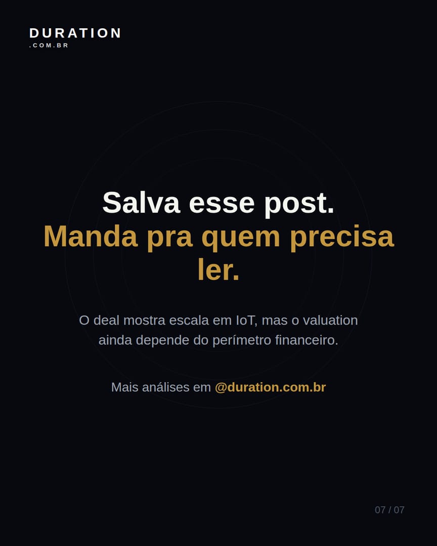 Slide 7 de 7: O deal mostra escala em IoT, mas o valuation ainda depende do perímetro financeiro.