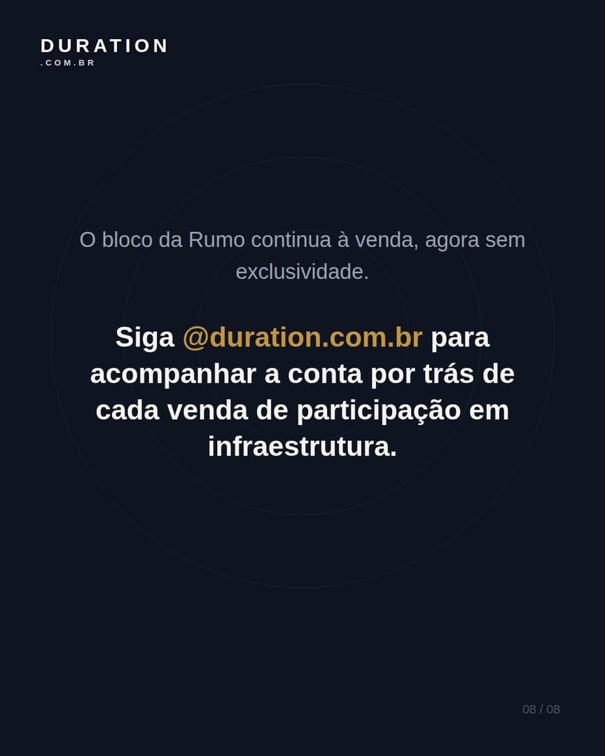 Slide 8 de 8: O bloco da Rumo continua à venda, agora sem exclusividade.