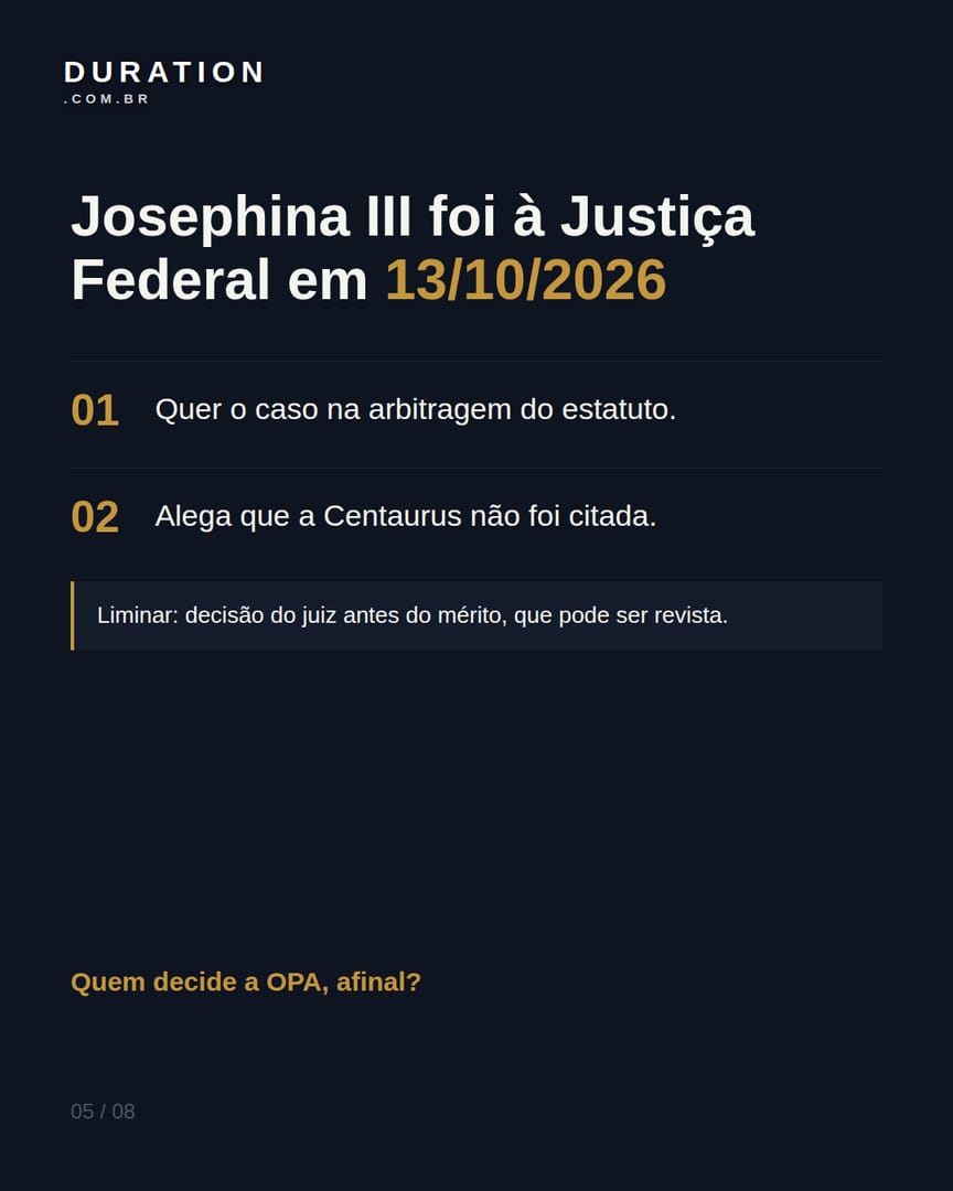 Slide 5 de 8: Josephina III foi à Justiça Federal em 13/10/2026