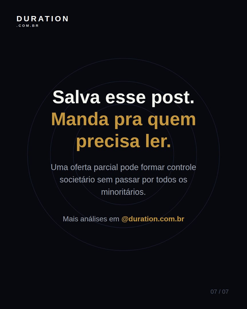 Slide 7 de 7: Uma oferta parcial pode formar controle societário sem passar por todos os minoritários.